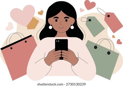 Flat vector illustration of a woman using a smartphone surrounded by shopping bags and heart icons, representing online shopping and ecommerce. Ideal for websites, mobile apps, digital marketing, retail promotions, and modern lifestyle content. Clean, minimal design suitable for commercial and advertising use.