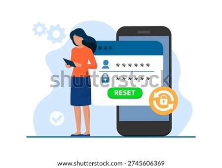 A flat vector illustration of a woman using a smartphone to reset her secure login and account password credentials. Stock illustration.