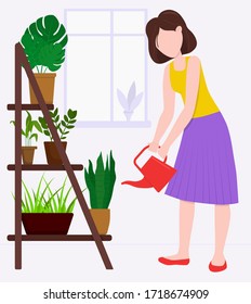 Flat vector illustration: woman watering flowers. Flowers on a whatnot.