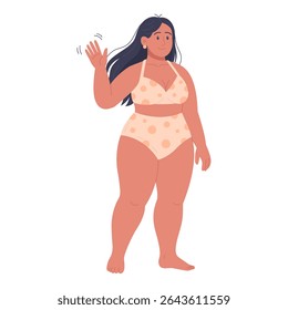 Flat vector illustration of woman waving hand in polka dot swimsuit isolated on white background. Concept of girl on beach, plump girl