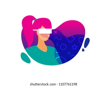 Flat vector illustration of woman wearing virtual reality headset. girl in vr glasses