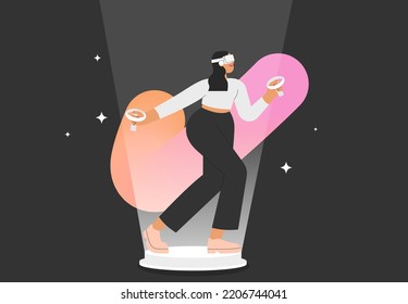 Flat vector illustration with woman wearing virtual reality glasses, interacting and creating a virtual world. Concept of future innovations.