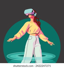 Flat vector illustration with a woman wearing virtual reality glasses and VR headset interacting and exploring the virtual world. Future technologies