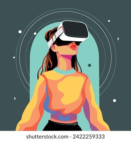 Ilustración vectorial plana con una mujer que usa gafas de realidad virtual y auriculares VR que interactúan y exploran el mundo virtual. Tecnologías futuras