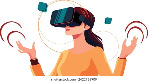 Flat vector illustration with woman wearing virtual reality glasses. A meta-universe of entertainment. Interaction and exploration of the virtual world