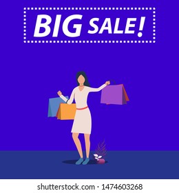 Flat vector illustration of a woman in white dress, holding shopping bags. Words Big Sale displayed on top. Shopping and sale concept vector illustration. Blue background.