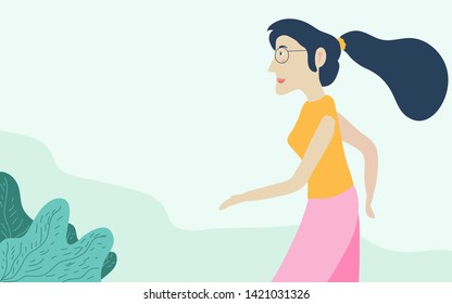 flat vector illustration of a woman who is running happily in a green garden. for website background, banners and cards