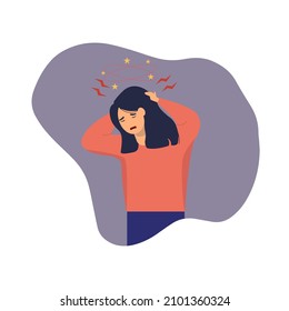 A flat vector illustration of an woman who is dizzy. Dizziness and severe headache. Isolated design on a white background.