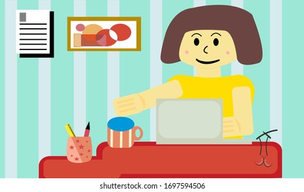 Flat vector illustration. woman work from  home on a laptop in home with computer. Computer desks and documents Various tools.