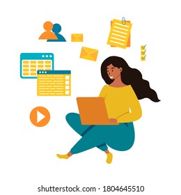 Flat vector illustration of a woman working at a laptop surrounded by various icons (social network, new message, etc.). the Concept of a workflow, remote work.