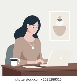 Flat Vector Illustration of Woman Working on Laptop at Minimalist Desk for Remote Work, Freelancing, and Office Productivity