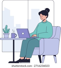 Ilustración vectorial plana de una mujer trabajando en un ordenador portátil mientras se sienta cómodamente en casa. La escena representa el trabajo remoto, el estilo de vida freelance, el trabajo desde casa, los negocios en línea y la productividad digital. Adecuado para cabeceras de Sitio web, artículos de blog, presentaciones, App móviles, 