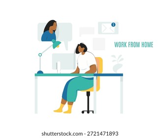 Ilustración vectorial Video plana de una mujer que trabaja desde el escritorio de una oficina en casa, participa en una llamada y revisa correos electrónicos. 