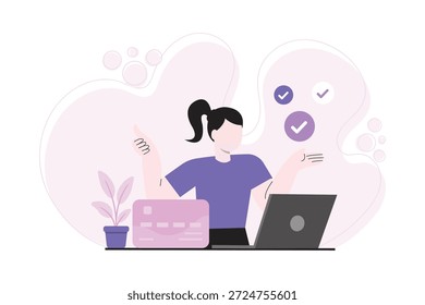 Ilustración vectorial plana de una mujer trabajando en una computadora portátil con lista de verificación e íconos de tarjetas de pago. Concepto de trabajo en línea, finalización de tareas, pago digital, productividad y flujo de trabajo moderno.