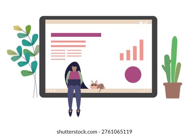 A flat vector illustration of a woman working on a laptop with her cat, sitting in front of a large screen displaying data charts and graphs, surrounded by indoor plants.
