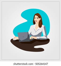 Flat vector illustration with woman working laptop in office