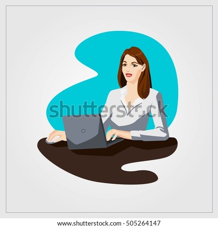 Flat vector illustration with woman working laptop in office