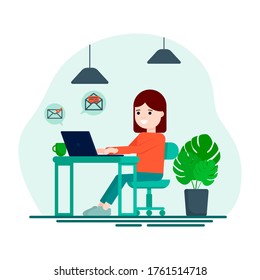 Flat vector illustration: woman works at a laptop. Freelancer. Work from home during quarantine.