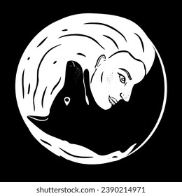 flat vector illustration of a woman's head and a dog or wolf alligned in a yin yang mandala like pattern