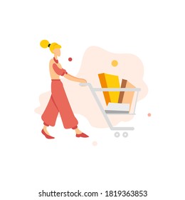 flat vector illustration women pushing cart shopping template abstract background landing page advertisement