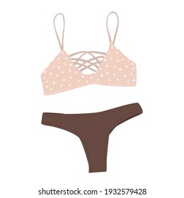 Flat vector illustration of women's swimsuit. Fashionable women's swimsuit with brown panties and polka dots on beige cups. Bikini top and bottom. Drawing on a white background