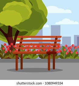 Flat vector illustration with wooden bench, green tree, beautiful flowers and city buildings background. Scenery of summer park