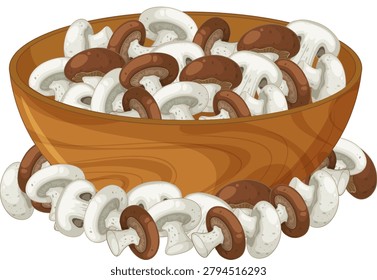Flat vector illustration of a wooden bowl filled with sliced white and brown mushrooms.
