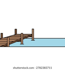 A flat vector illustration of a wooden dock extending into a flat blue body of water on a plain white background