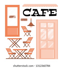Flat Vector Illustration Wooden Interior Elements an Urban Cafe. Graphic retro bulding. Cozy family restraunt. summer terrace restaurant. lettering sign.