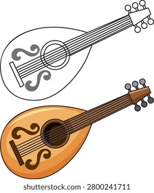 A flat vector illustration of a wooden mandolin in both colored and line art styles