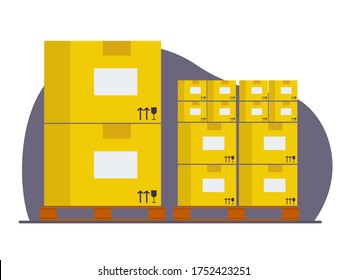Flat vector illustration: wooden pallet with cardboard boxes. Goods are packaged for storage or delivery.