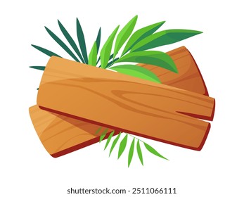 Flat vector illustration of wooden signboards with green tropical leaves Illustrating a summer nature theme Ideal for design and decoration