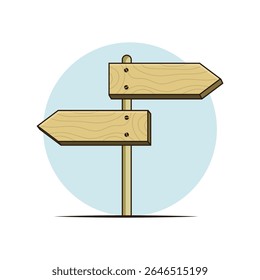 Flat vector illustration of a wooden signpost with two arrows pointing in opposite directions. Perfect for travel, navigation, or decision-making themes in apps and designs.