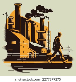 Flat vector illustration of a worker coming from a factory.