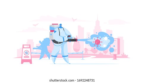 Flat vector illustration of worker in hazmat suit spraying disinfectant on street while fighting contagious coronavirus germs in city with colleagues