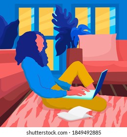 Ilustración vectorial plana de una mujer trabajadora que trabaja desde casa con una laptop y un sofá. Adecuado para ilustraciones de trabajo y estudio de actividades domésticas, trabajo a distancia y espacios de trabajo cómodos.