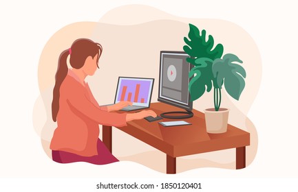 Flat vector illustration of a working woman operating a computer at her desk. Perfect for design elements from remote work, work from home, and online learning.