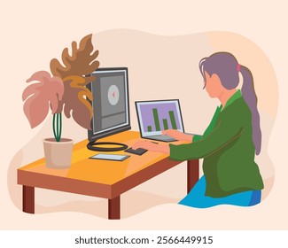 Flat vector illustration of a working woman operating a computer at her desk. Perfect for design