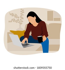 flat vector illustration of a working women in quarantine, laptop,working from home 