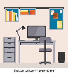 Flat Vector Illustration Of Workplace At Home. Home Office With Whiteboard, Shelves And Lockers. A Comfy Chair And A Cup Of Hot Drink. Cabinet In Bright Colors. 