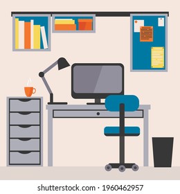 Flat vector illustration of workplace at home. Home office with whiteboard, shelves and lockers. Table with a monitor and a lamp. A comfy chair and a cup of hot drink. Cabinet in bright colors. 