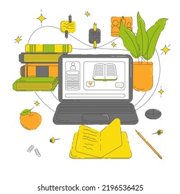 Flat Vector Illustration of Workplace With Laptop, Books, Note Pad, Home Plant, Apple and Other Objects. Perfect for Web Banners, Social Media, Posters, Cards, Printed Materials, etc.