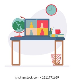 Ilustración vectorial plana: lugar de trabajo para formación en línea y videoconferencia. Ilustración de un sitio web, folleto o postal.