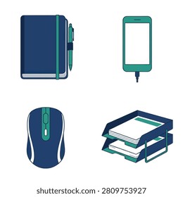 Flat vector illustration of workspace elements featuring a blue notebook with pen mobile phone computer mouse and paper organizer tray