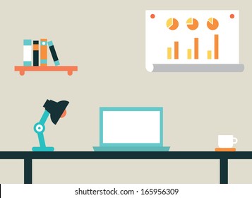 Flat vector illustration of workspace interior for network and co-working space with office objects. Flat style design - vector illustration
