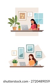 Flat vector illustration of a workspace with a laptop and diagrams . Vector illustration