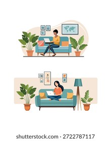 Flat vector illustration of a workspace with a laptop and diagrams . Vector illustration