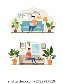 Flat vector illustration of a workspace with a laptop and diagrams . Vector illustration
