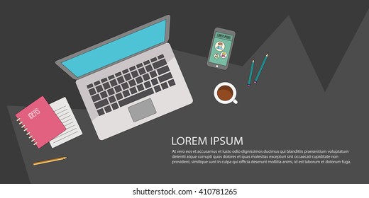 Flat vector Illustration of  workspace with laptop, phone, coffee, notebook and pencil on black background. Banner design.