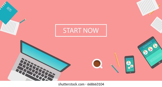 Flat vector Illustration of  workspace with laptop, phone, coffee, notebook and pencil on pink background. Banner design.